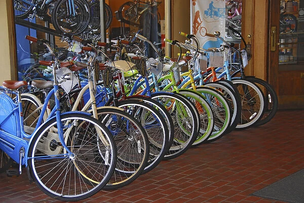USA, Oregon, Portland. Cruiser bikes displayed for sale. Credit as: Steve Terrill