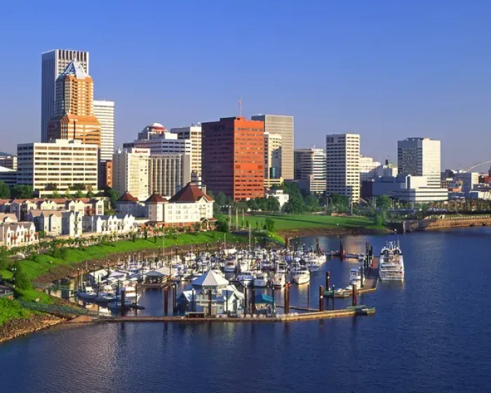 Framed Print : USA, Oregon, Portland. Downtown skyline & Riverplace Marina at Tom McCall Waterfront Framed Print : USA, Oregon, Portland. Downtown skyline & Riverplace Marina at Tom McCall Waterfront