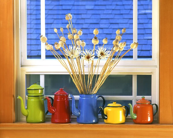 USA, Oregon, Portland. Enamelware teapots & coffeepots on window sill. Credit as