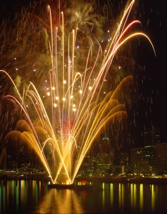 Framed Print : USA, Oregon, Portland, Independence Day fireworks being launched off of barge in