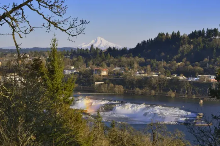Framed Print : USA, Oregon, Portland. Mt Hood and Oregon City Falls on Willamette River. Credit as