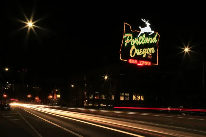 Framed Print : USA, Oregon, Portland. Neon sign in Old Town and traffic blur Framed Print : USA, Oregon, Portland. Neon sign in Old Town and traffic blur