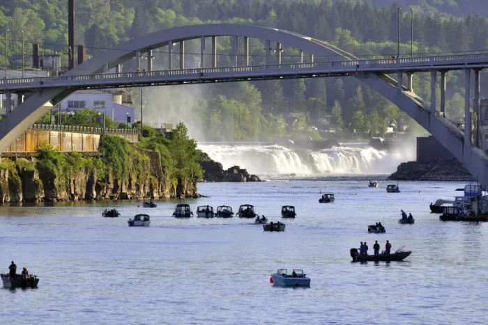 Framed Print : USA, Oregon, Portland. Salmon fishing on Willamette River