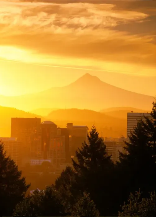 Framed Print : USA, Oregon, Portland, Sunrise on Mt Hood and downtown