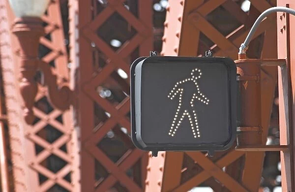 USA, Oregon, Portland. Walk sign on the Broadway Bridge