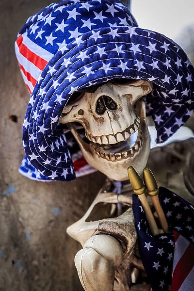 USA, Oregon, Redmond, Bend. Skeleton decorated for 4th of July