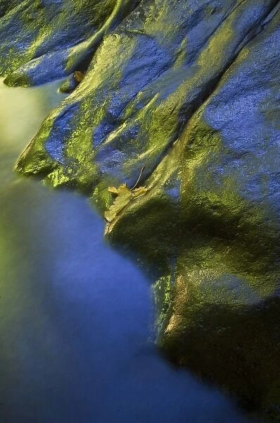 USA, Oregon. Reflections on rocks along Sweet Creek shoreline