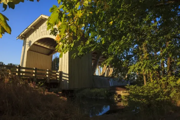Framed Print : USA, Oregon, Scio, the Gilkey Bridge, covered bridge in early Autumn