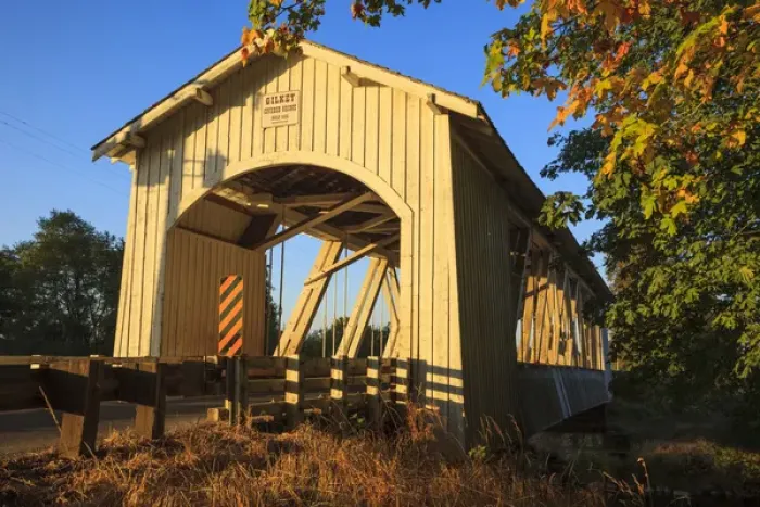 Framed Print : USA, Oregon, Scio, the Gilkey Bridge, covered bridge in early Autumn, at sunset Framed Print : USA, Oregon, Scio, the Gilkey Bridge, covered bridge in early Autumn, at sunset