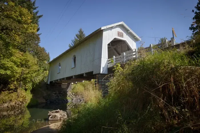 Framed Print : USA, Oregon, Scio, Hoffman Bridge across Crabtree Creek in early Autumn. Digital Composite Framed Print : USA, Oregon, Scio, Hoffman Bridge across Crabtree Creek in early Autumn. Digital Composite