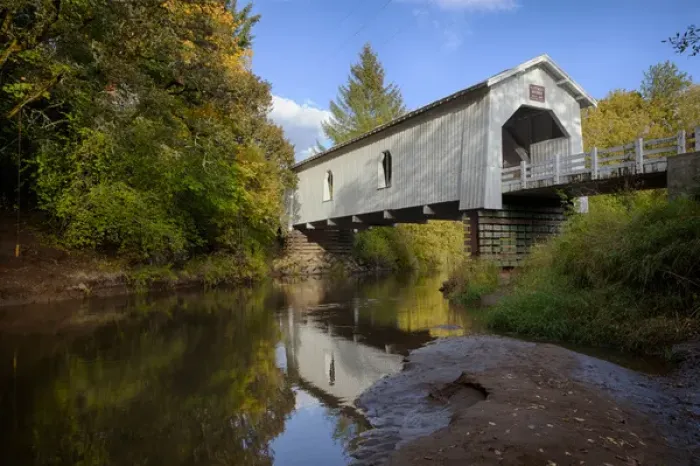 Framed Print : USA, Oregon, Scio, Hoffman Bridge across Crabtree Creek in early Autumn. Digital Composite Framed Print : USA, Oregon, Scio, Hoffman Bridge across Crabtree Creek in early Autumn. Digital Composite
