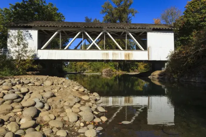 Framed Print : USA, Oregon, Scio, the Larwood Bridge, covered bridge over Crabtree Creek in early Autumn Framed Print : USA, Oregon, Scio, the Larwood Bridge, covered bridge over Crabtree Creek in early Autumn
