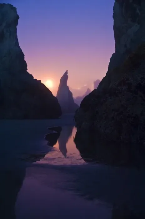 Framed Print : USA, Oregon. Sea stacks in fog at twilight. Credit as: Nancy Rotenberg  /  Jaynes Gallery