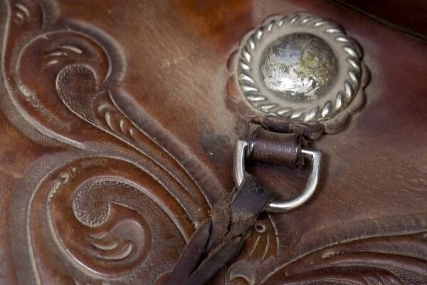 USA, Oregon, Seneca, Ponderosa Ranch. Details of tooling on leather saddle