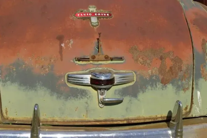 Framed Print : USA, Oregon, Shaniko. Detail of rusted trunk on old Chrysler automobile