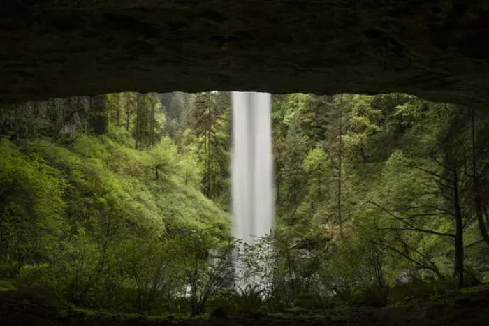 Framed Print : USA, Oregon, Silver Falls State Park. North Falls seen from inside cave. Credit as Framed Print : USA, Oregon, Silver Falls State Park. North Falls seen from inside cave. Credit as