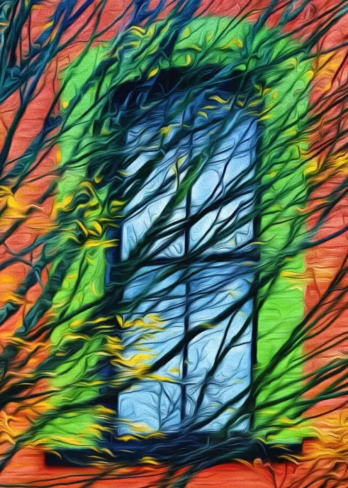 Framed Print : USA, Oregon, Silverton. Abstract of autumn leaves and building window