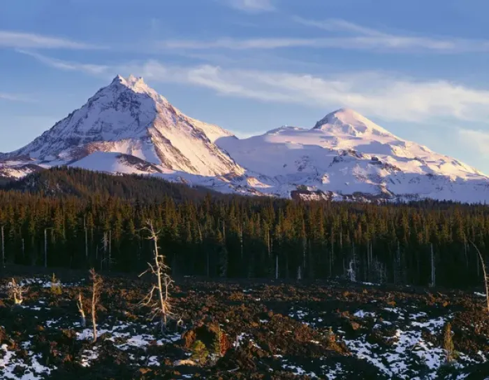 Framed Print : USA, Oregon, Three Sisters Wilderness, Evening light on North (left) and Middle Sister Framed Print : USA, Oregon, Three Sisters Wilderness, Evening light on North (left) and Middle Sister