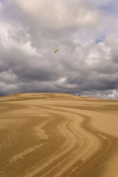 USA, Oregon, Siuslaw National Forest, Umpqua Dunes. Man flying a kite over wavy sand dunes