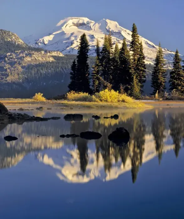 Framed Print : USA, Oregon, Sparks Lake. Autumn and new snow comes early to Sparks Lake and South