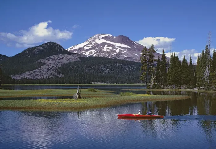 Framed Print : USA, Oregon, Sparks Lake. Kayakers enjoy a summer day on Sparks Lake in central Oregon Framed Print : USA, Oregon, Sparks Lake. Kayakers enjoy a summer day on Sparks Lake in central Oregon