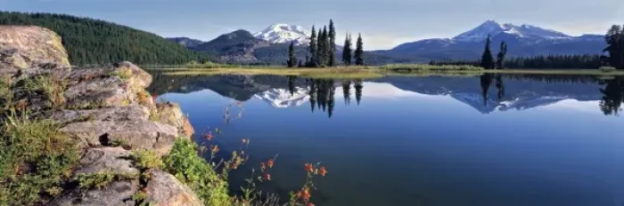 Framed Print : USA, Oregon, Sparks Lake. Red Columbine grow from a rock outcrop at Sparks Lake in Framed Print : USA, Oregon, Sparks Lake. Red Columbine grow from a rock outcrop at Sparks Lake in