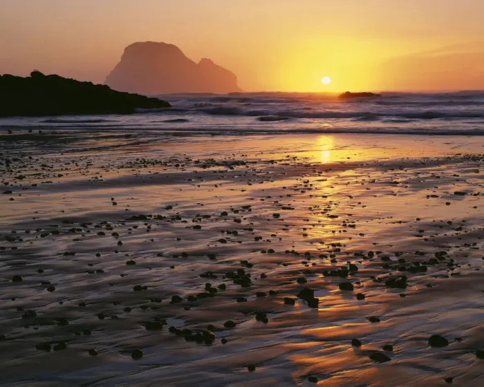 Framed Print : USA, Oregon. Sunset, tide-washed sand and Three Arch Rocks, near Oceanside