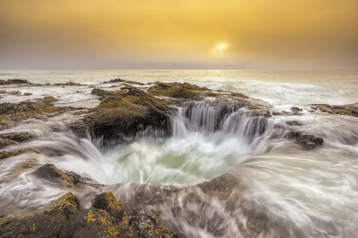 Framed Print : USA, Oregon. Thors Well and ocean at sunset