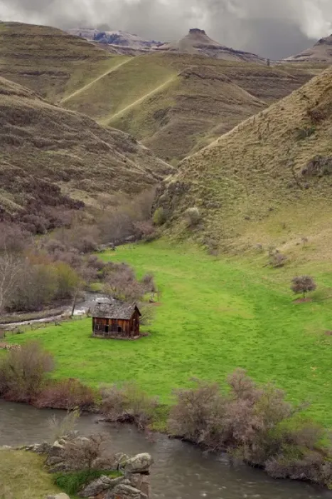 Framed Print : USA, Oregon. View of old barn and Imnaha River in Imnaha Valley. Credit as: Don Paulson