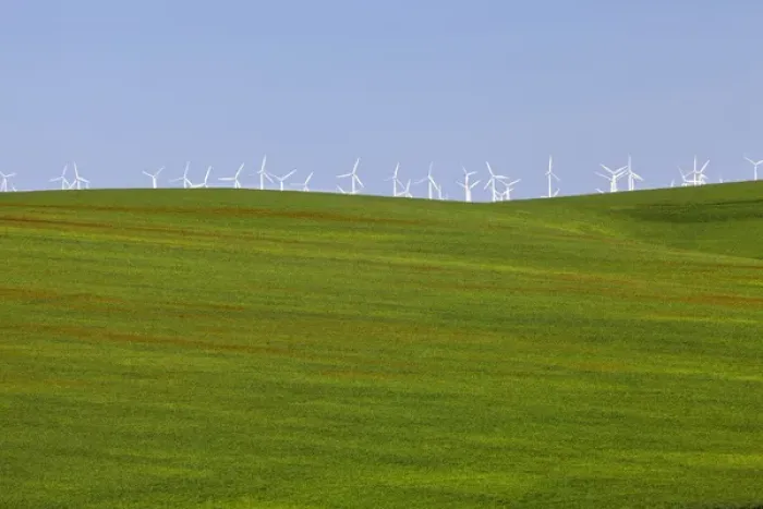 Framed Print : USA, Oregon, Wasco. White wind turbines on verdant farm field Framed Print : USA, Oregon, Wasco. White wind turbines on verdant farm field