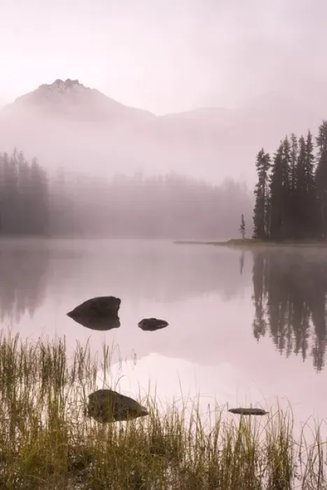 Framed Print : USA, Oregon, Willamette National Forest. Foggy sunrise on Scott Lake and Three Sisters mountains Framed Print : USA, Oregon, Willamette National Forest. Foggy sunrise on Scott Lake and Three Sisters mountains