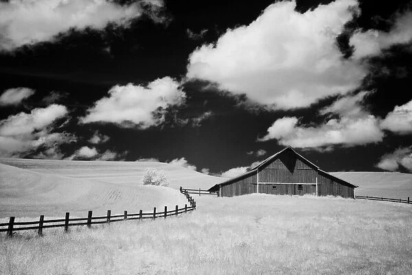 USA, Palouse Country, Washington State, Infrared Palouse fields and barn