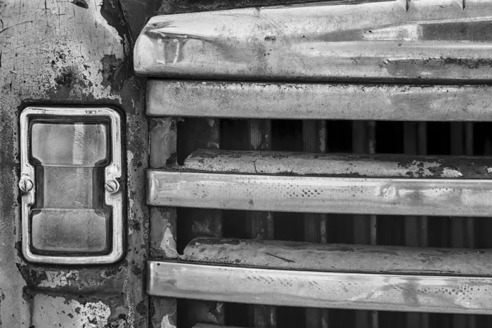 Framed Print : USA, Palouse, Washington State. Black and white close-up of the front of an antique Framed Print : USA, Palouse, Washington State. Black and white close-up of the front of an antique