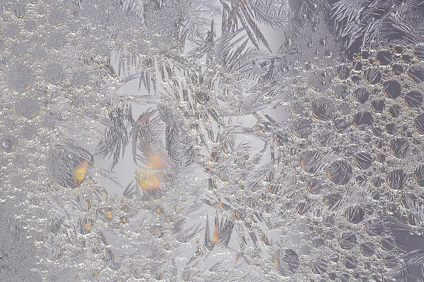 USA, Pennsylvania. Frosty window pane and soap bubbles