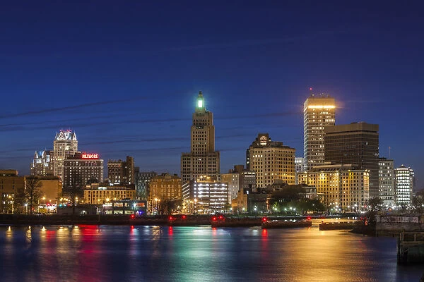 USA, Rhode Island, Providence, city skyline from the Providence River at dusk