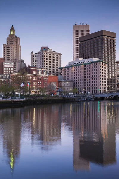USA, Rhode Island, Providence, city skyline from the Providence River at dawn