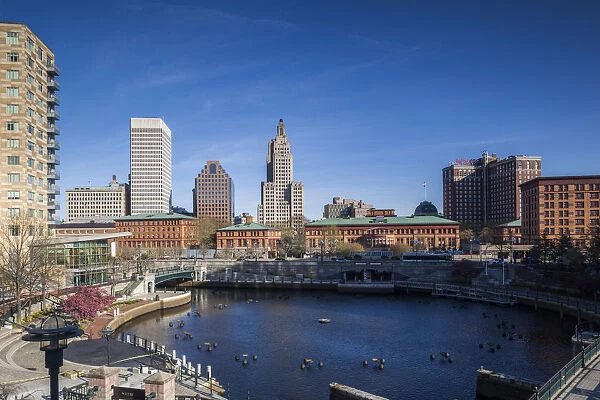 USA, Rhode Island, Providence, city skyline from Waterplace Park