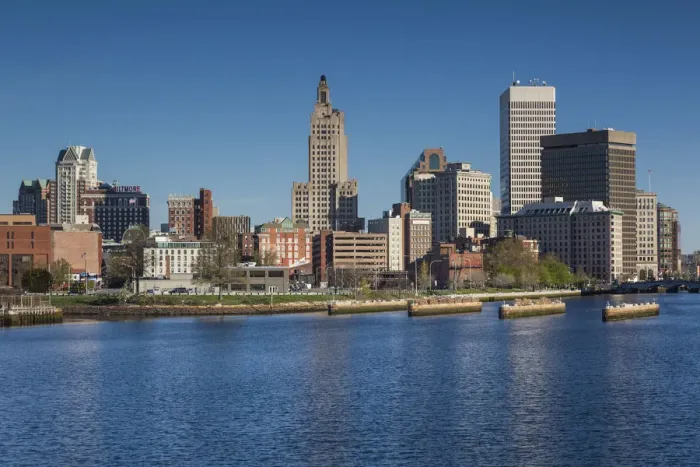 Framed Print : USA, Rhode Island, Providence, city skyline from the Providence River, morning
