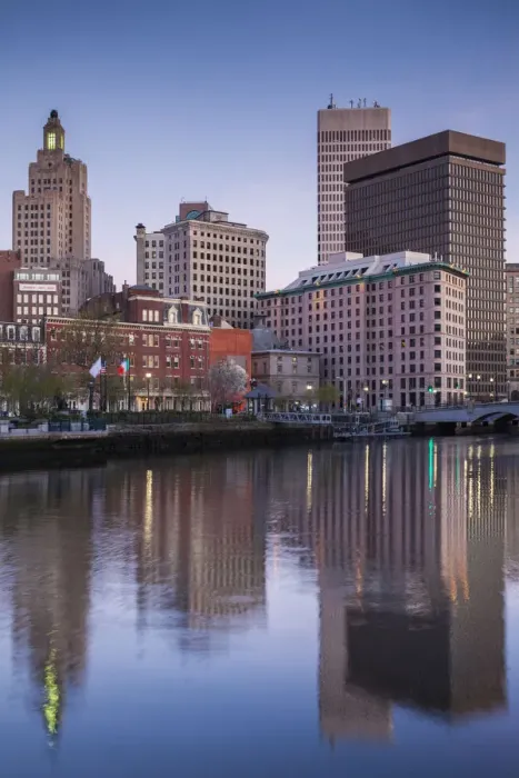 Framed Print : USA, Rhode Island, Providence, city skyline from the Providence River at dawn Framed Print : USA, Rhode Island, Providence, city skyline from the Providence River at dawn