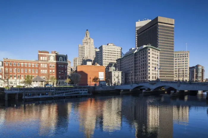 Framed Print : USA, Rhode Island, Providence, city skyline from the Providence River at dawn