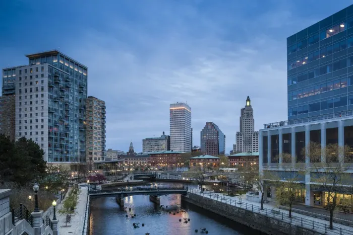 Framed Print : USA, Rhode Island, Providence, city skyline from Waterplace Park at dusk Framed Print : USA, Rhode Island, Providence, city skyline from Waterplace Park at dusk