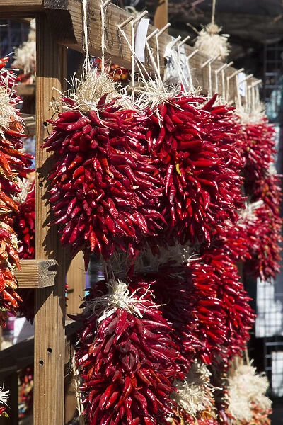 USA, Santa Fe, New Mexico. Chile peppers hang in the market