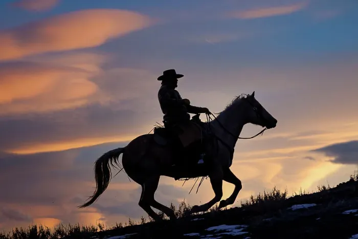 Framed Print : USA, Shell, Wyoming. Hideout Ranch cowboy on horseback silhouetted at sunset. (PR, MR) Framed Print : USA, Shell, Wyoming. Hideout Ranch cowboy on horseback silhouetted at sunset. (PR, MR)