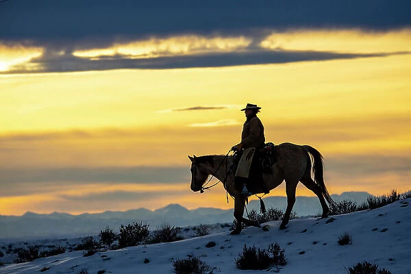 USA, Shell, Wyoming. Hideout Ranch cowgirl silhouetted on horseback at sunset. (PR, MR)