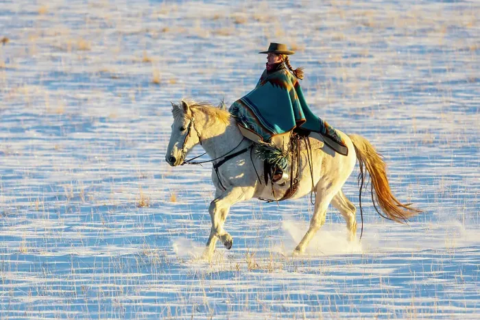 Framed Print : USA, Shell, Wyoming. Hideout Ranch cowgirl riding her horse in the snow. (PR, MR)