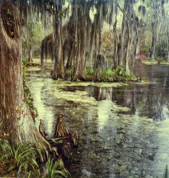 USA, South Carolina, Charleston, Magnolia Plantation and Gardens. Cypress trees reflected in water