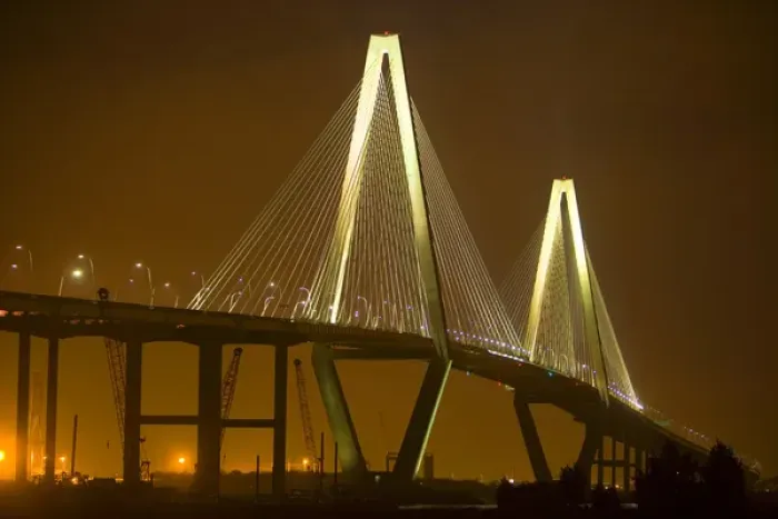 Framed Print : USA, South Carolina, Charleston. Arthur Revenel Bridge illuminated at night. Credit as Framed Print : USA, South Carolina, Charleston. Arthur Revenel Bridge illuminated at night. Credit as