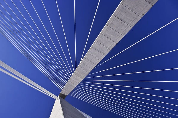 USA, South Carolina, Charleston. Looking up at Arthur Ravenel Jr. Bridge structure