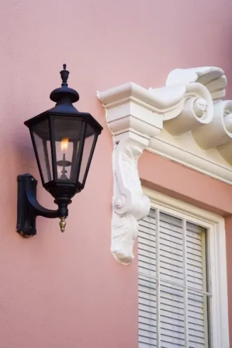 Framed Print : USA, South Carolina, Charleston. Pink house with lantern