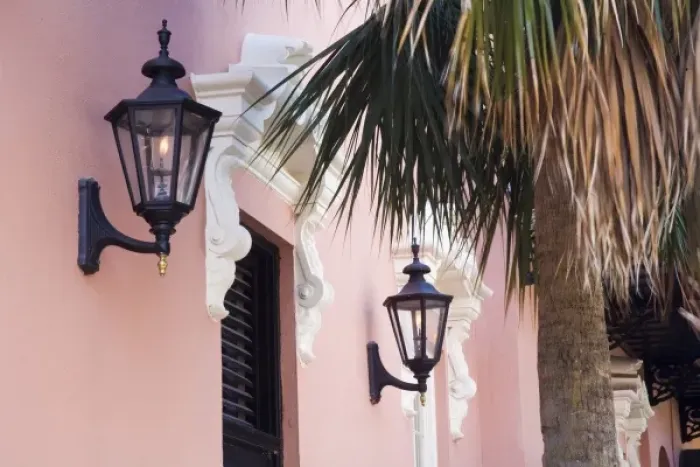 Framed Print : USA, South Carolina, Charleston. Pink house with lanterns Framed Print : USA, South Carolina, Charleston. Pink house with lanterns